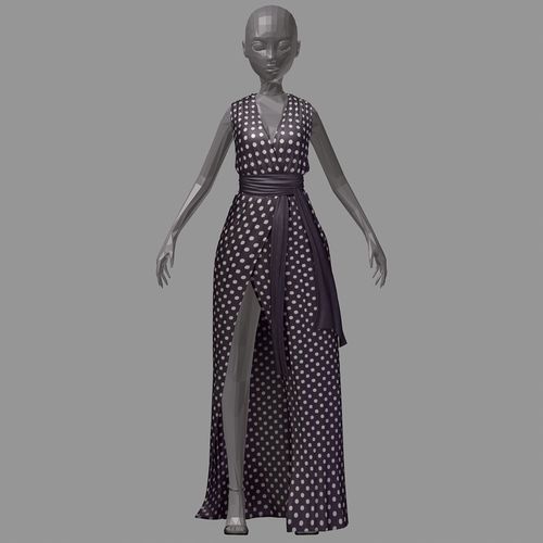 subdivision 3d model  long black dress white dot high heel shoes Low-poly 3D model