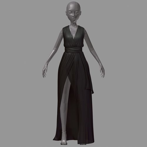 women subdivision model long black dress white high heel shoes Low-poly 3D model