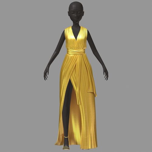 subdivision 3d model long gold dress black high heel shoes Low-poly 3D model