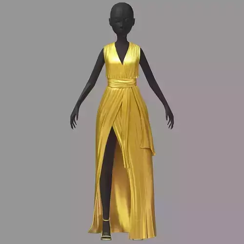 subdivision 3d model long gold dress black high heel shoes