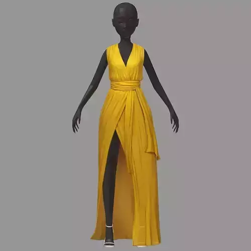 subdivision 3d model long yellow dress white high heel shoes