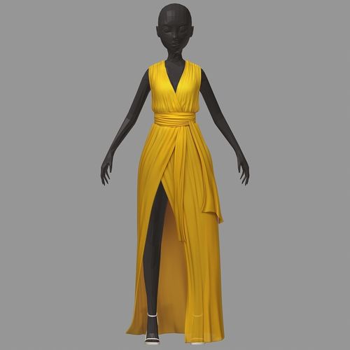 subdivision 3d model long yellow dress white high heel shoes Low-poly 3D model