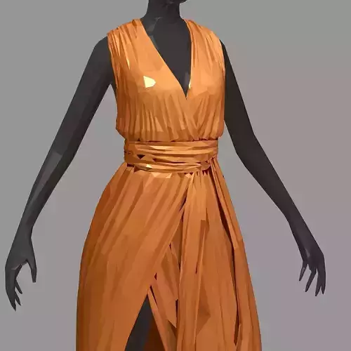 polygon art long orange dress white high heel shoes