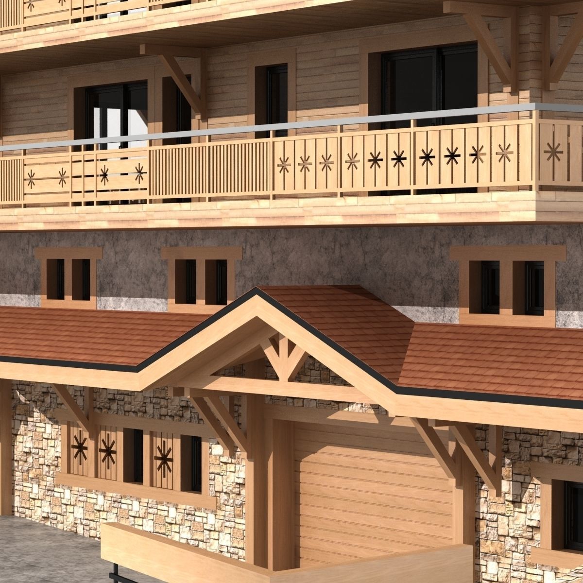 Classic wooden mountain house chalet 3D model_4