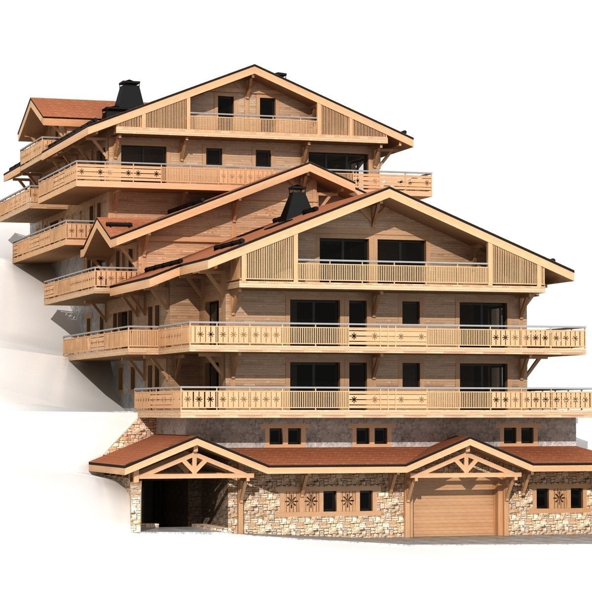 Classic wooden mountain house chalet 3D model_2