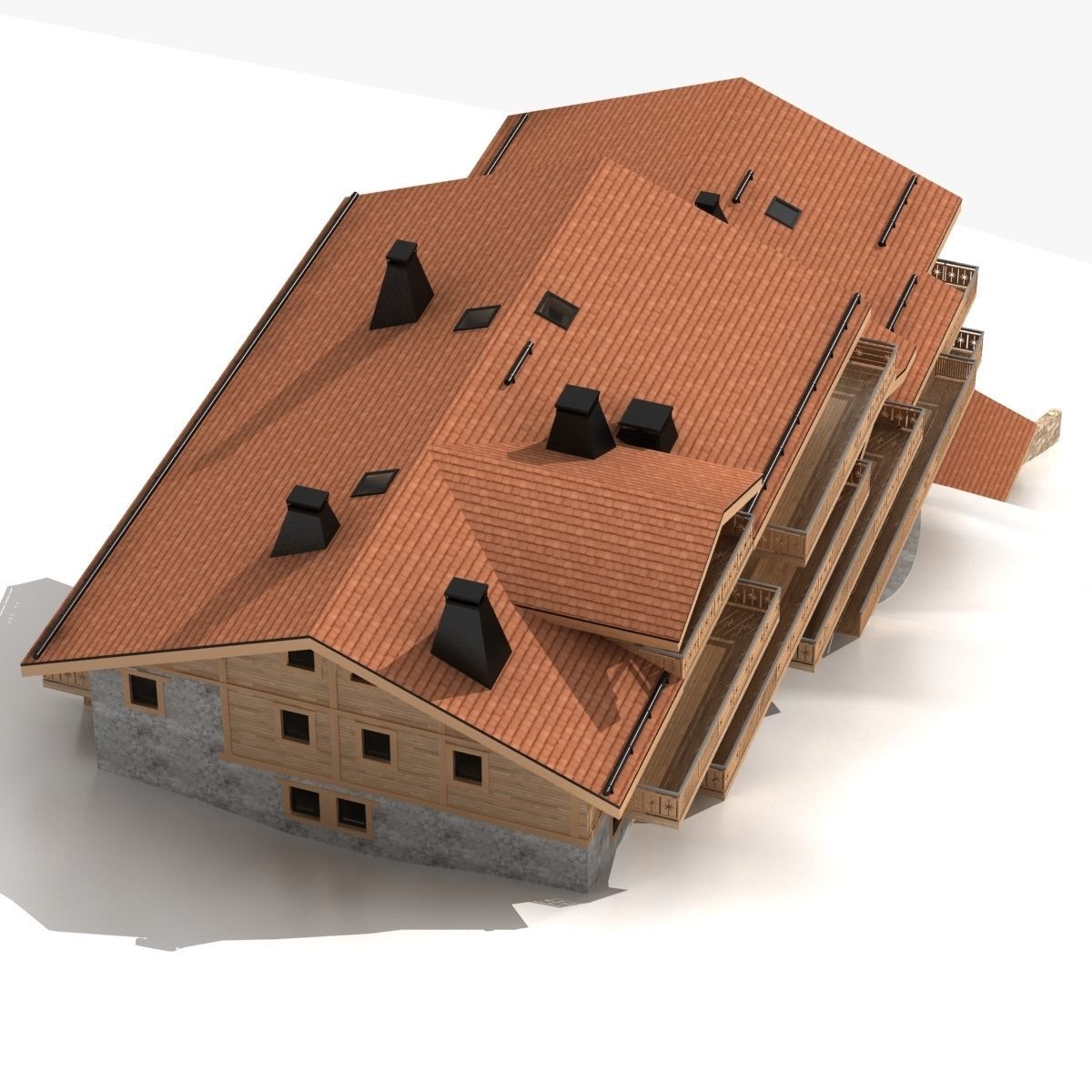 Classic wooden mountain house chalet 3D model_3