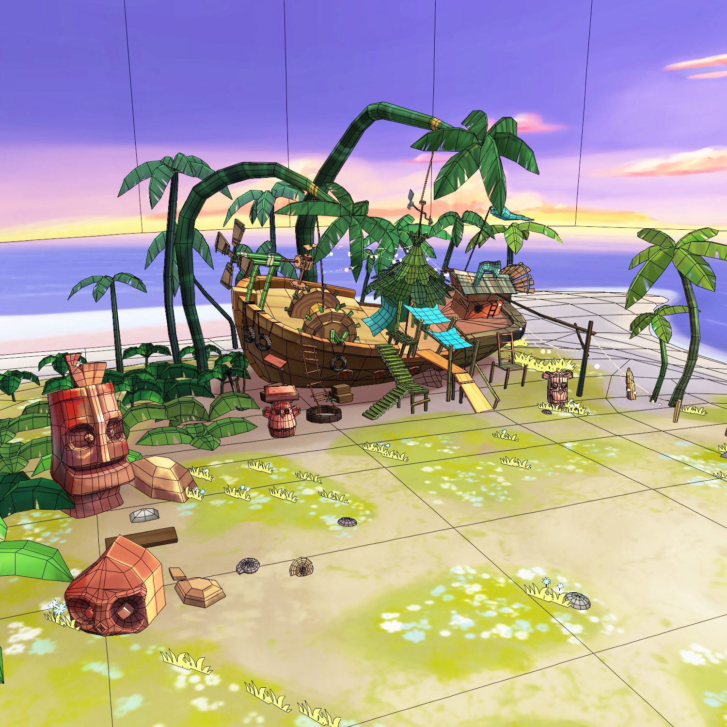 Cartoony Shipwreck Scene Low-poly 3D model_1