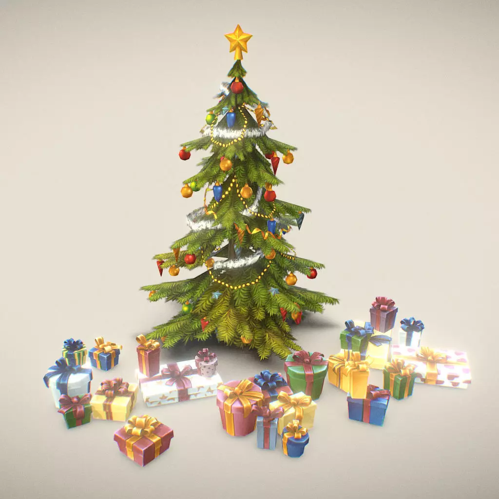 Christmas Tree and Presents - Low Poly Hand Painted Low-poly 3D model_0