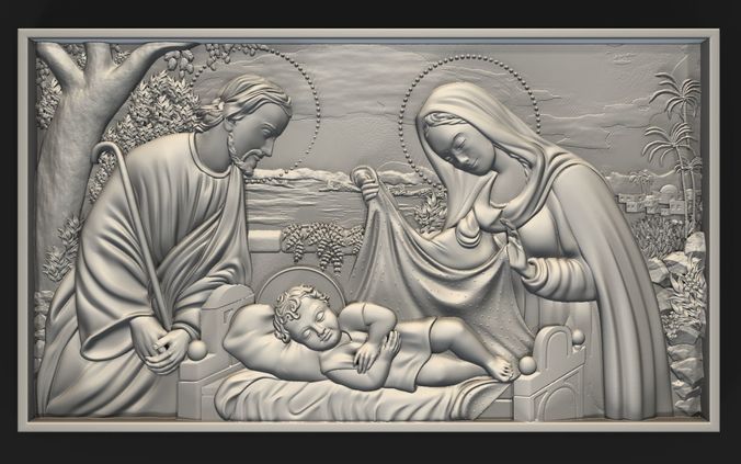Jesus Birth with Mary and Joseph bas relief 3D print model