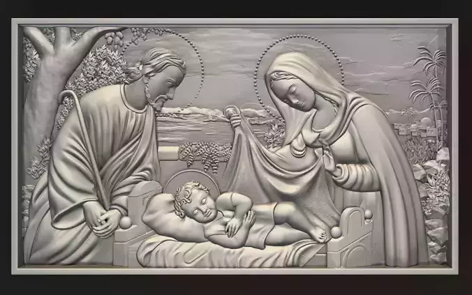 Jesus Birth with Mary and Joseph bas relief 3D print model