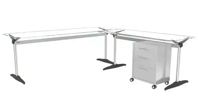 Glass L desk with drawers 3D model