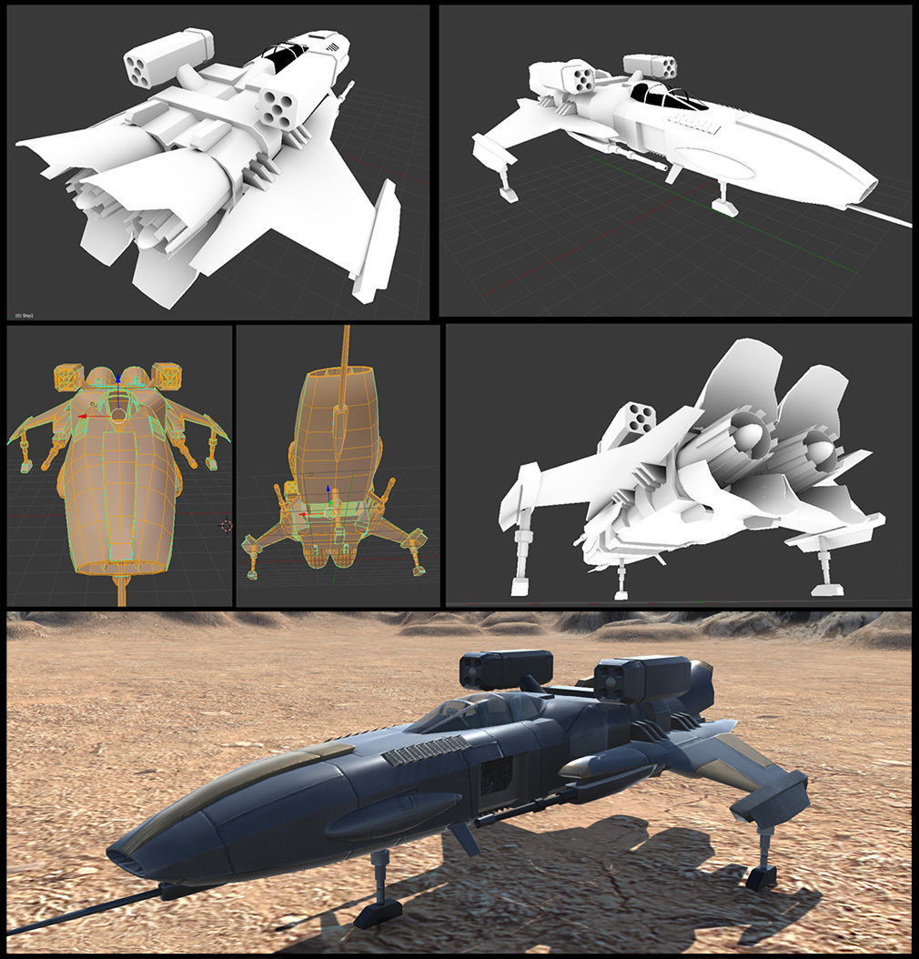Military Sci-Fi Ship with Crashed Version Low-poly 3D model_3