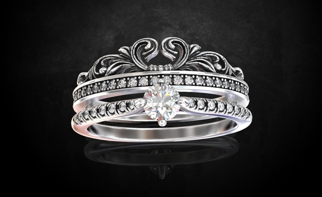 Ring with a crown in the form of a heart with stones stylish 260 3D print model_10