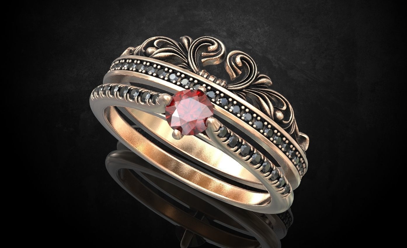 Ring with a crown in the form of a heart with stones stylish 260 3D print model_2