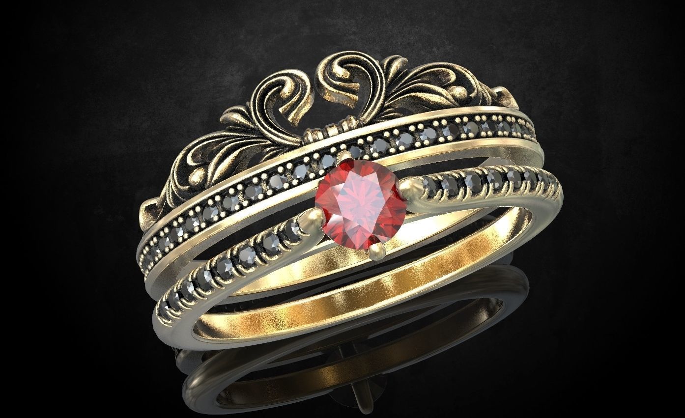 Ring with a crown in the form of a heart with stones stylish 260 3D print model_15