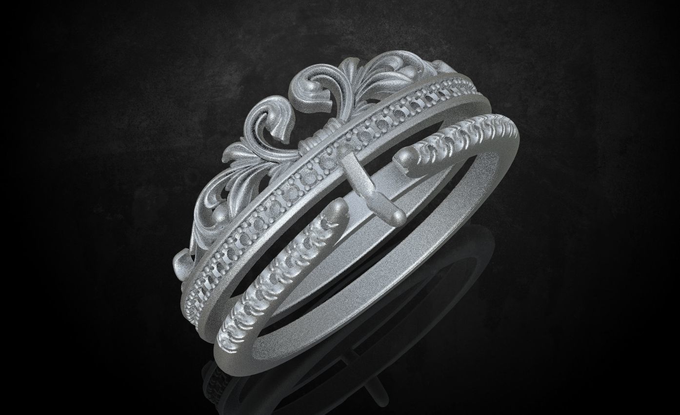 Ring with a crown in the form of a heart with stones stylish 260 3D print model_22