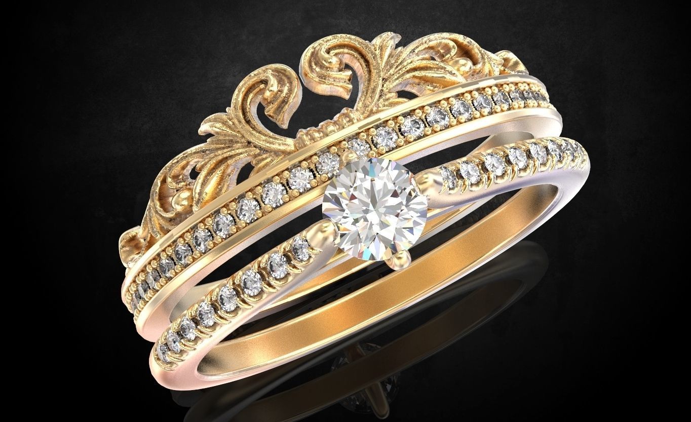 Ring with a crown in the form of a heart with stones stylish 260 3D print model_7