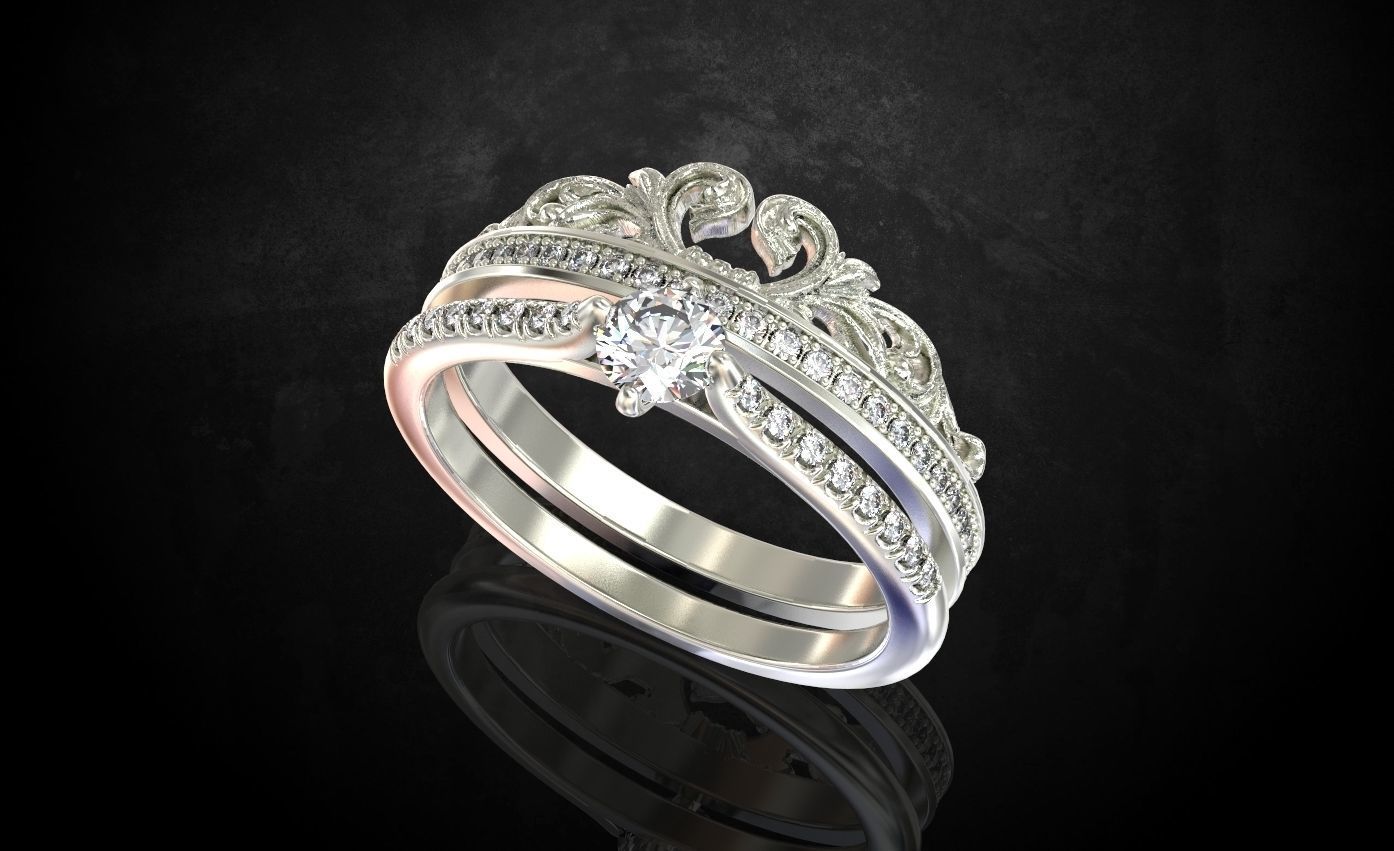 Ring with a crown in the form of a heart with stones stylish 260 3D print model_14