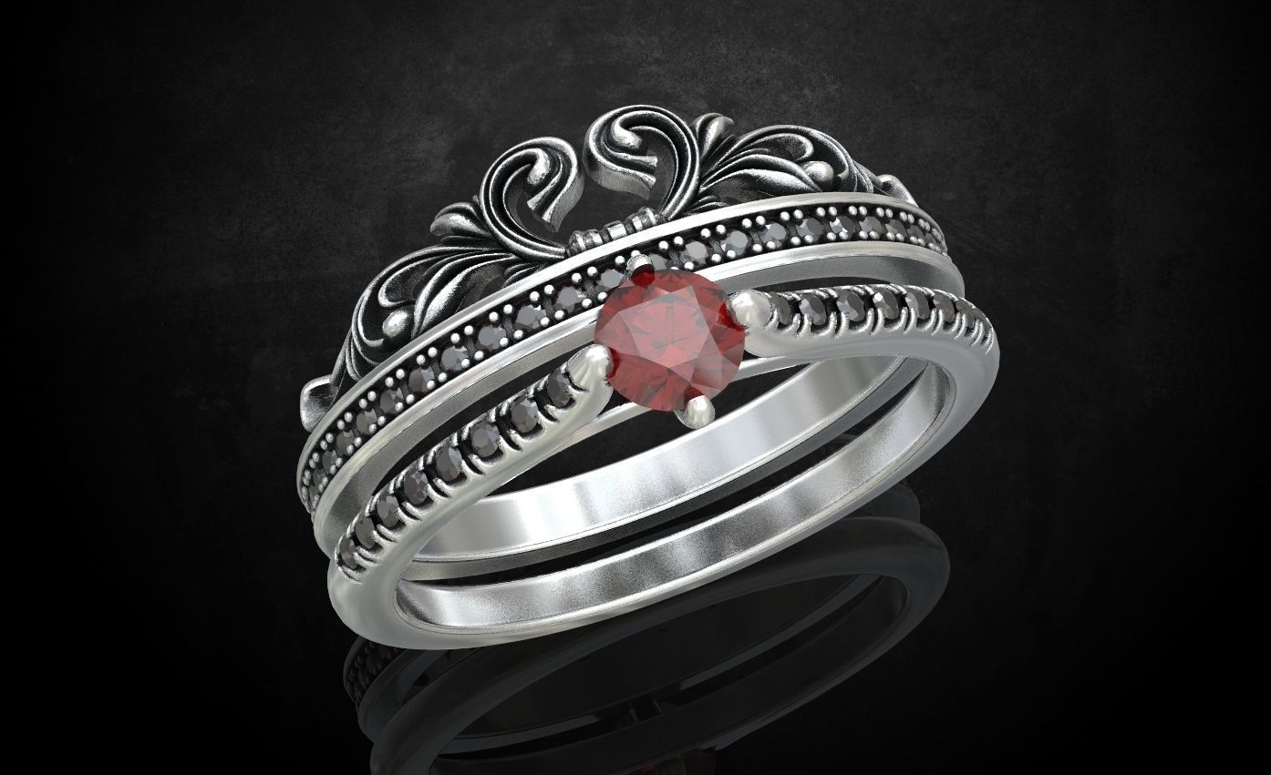 Ring with a crown in the form of a heart with stones stylish 260 3D print model_21