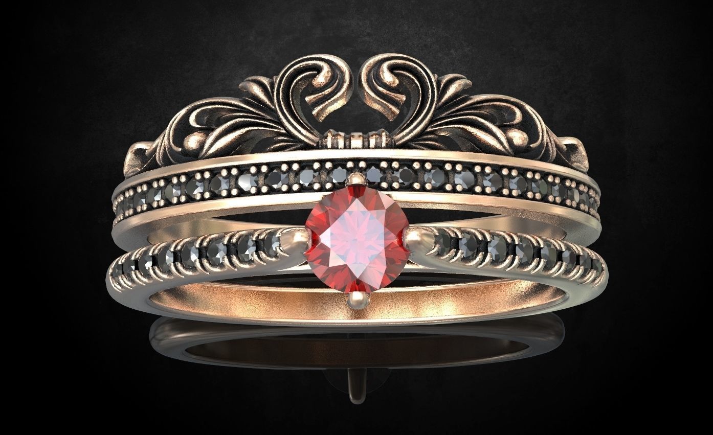 Ring with a crown in the form of a heart with stones stylish 260 3D print model_12