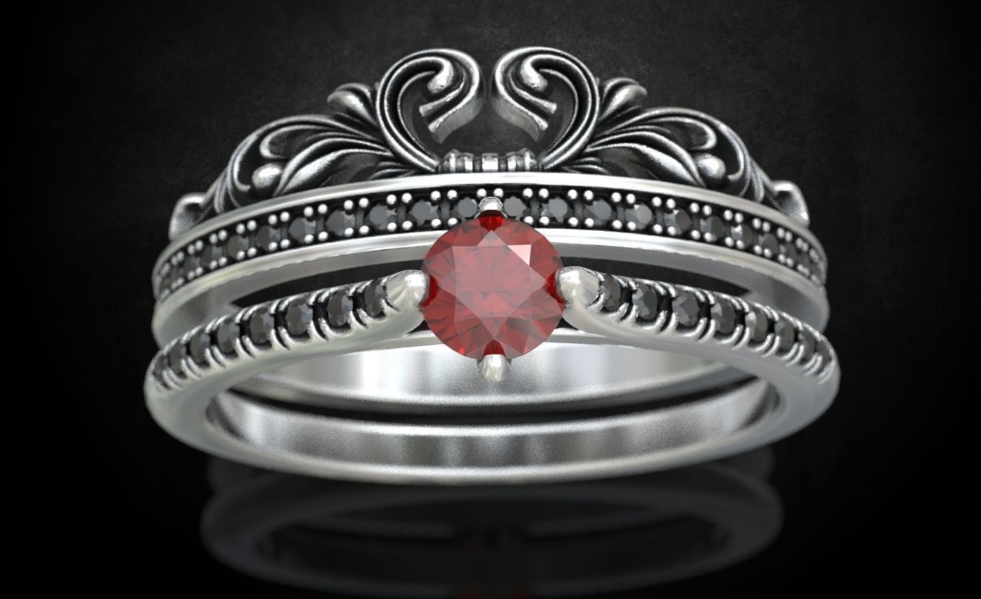 Ring with a crown in the form of a heart with stones stylish 260 3D print model_1