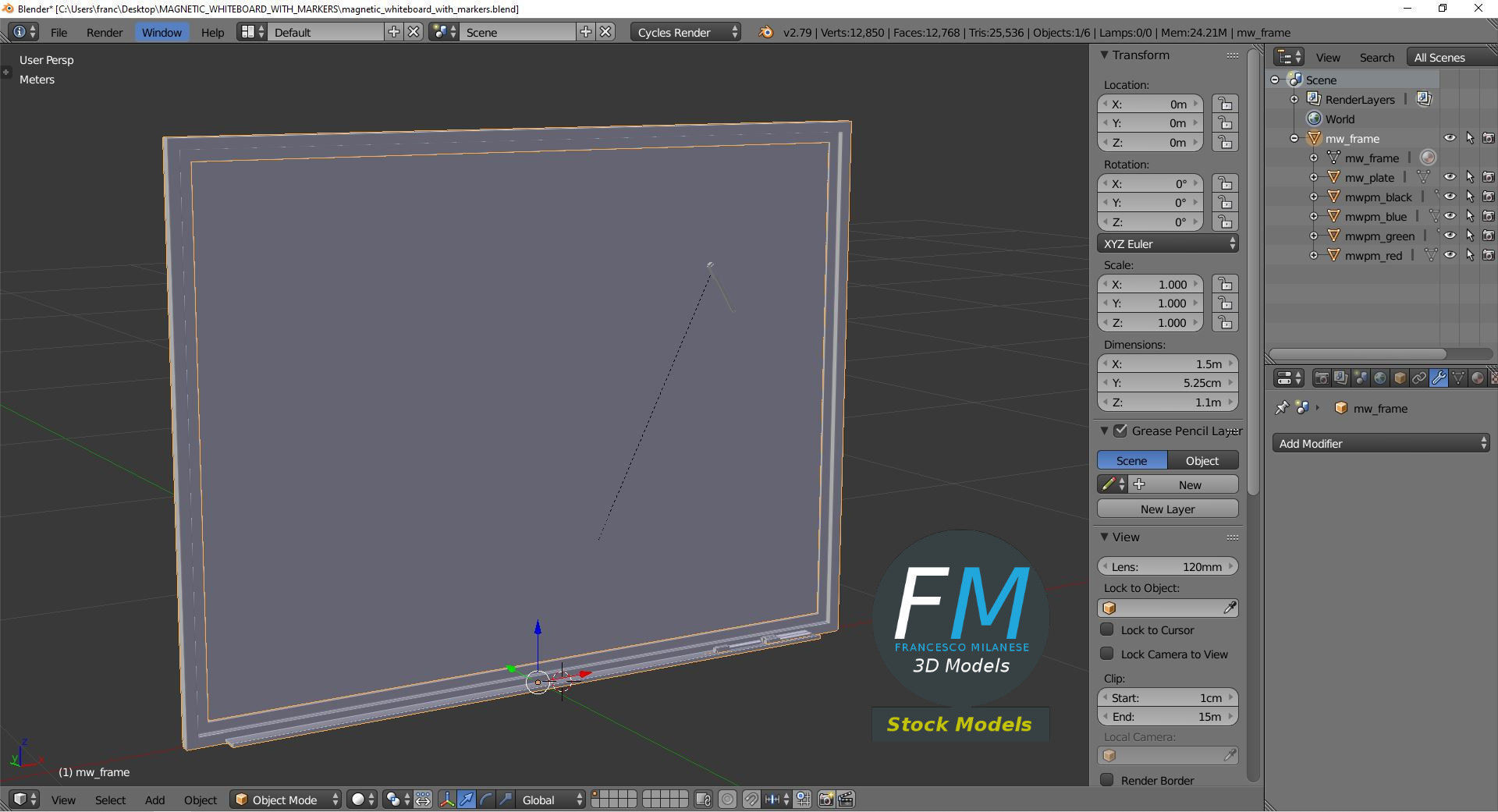 Magnetic whiteboard with markers 3D model_9