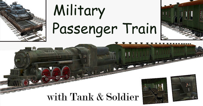 Military Passenger Train with Tank and Soldier Low-poly 3D model