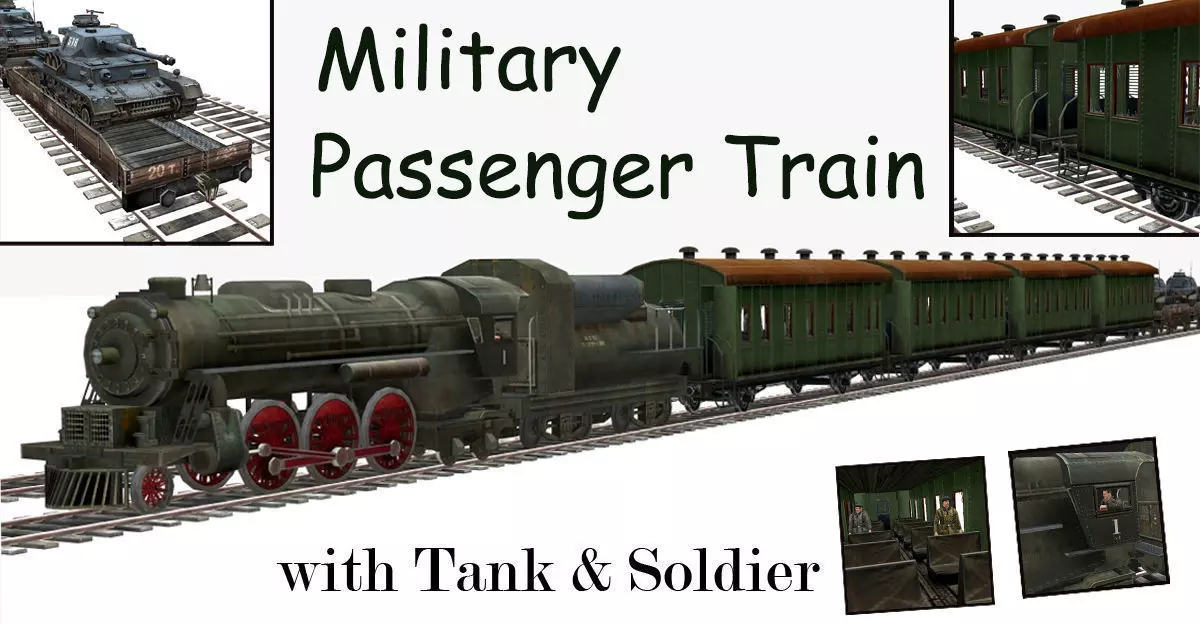 Military Passenger Train with Tank and Soldier Low-poly 3D model
