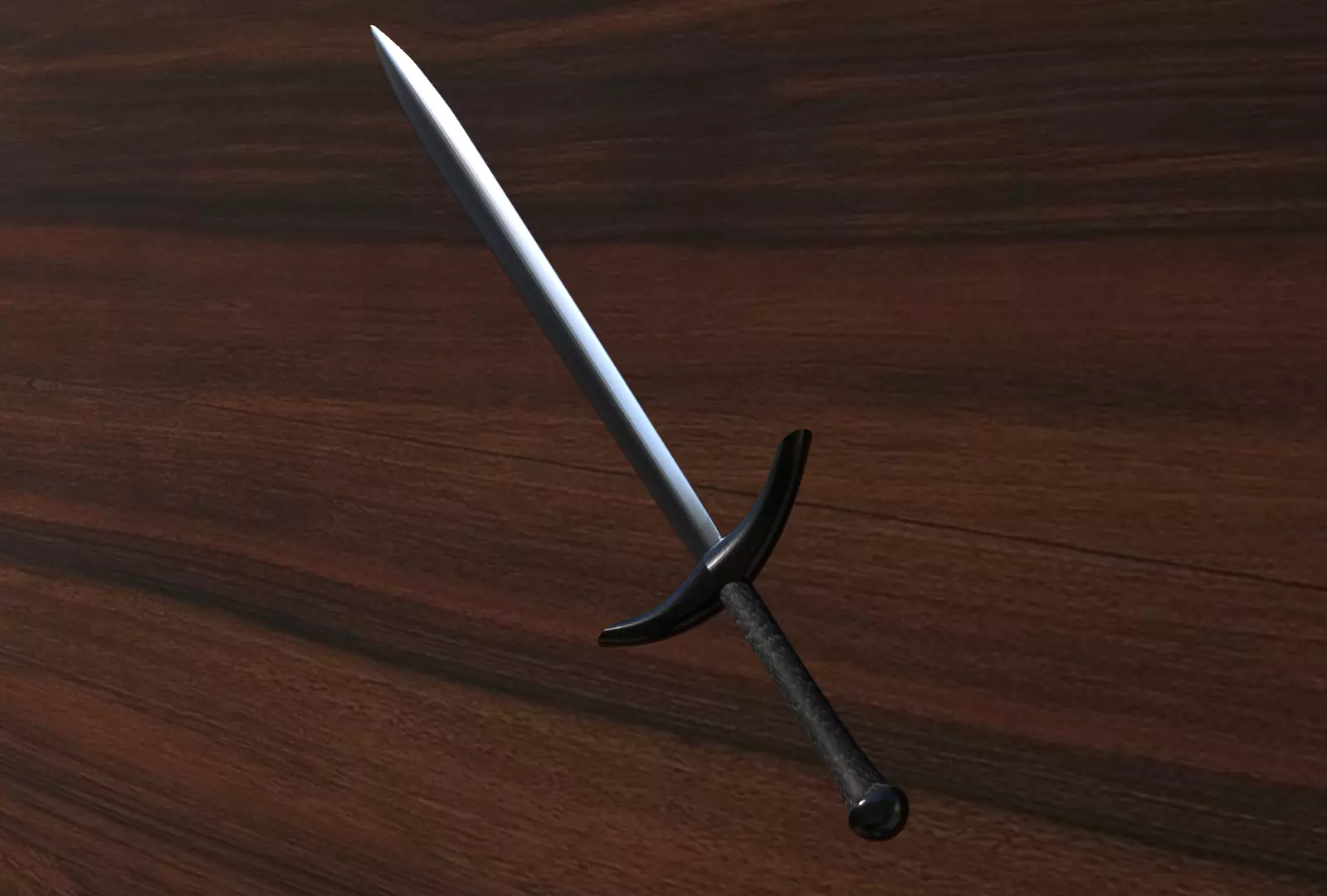 Sword on wooden table Low-poly 3D model_0