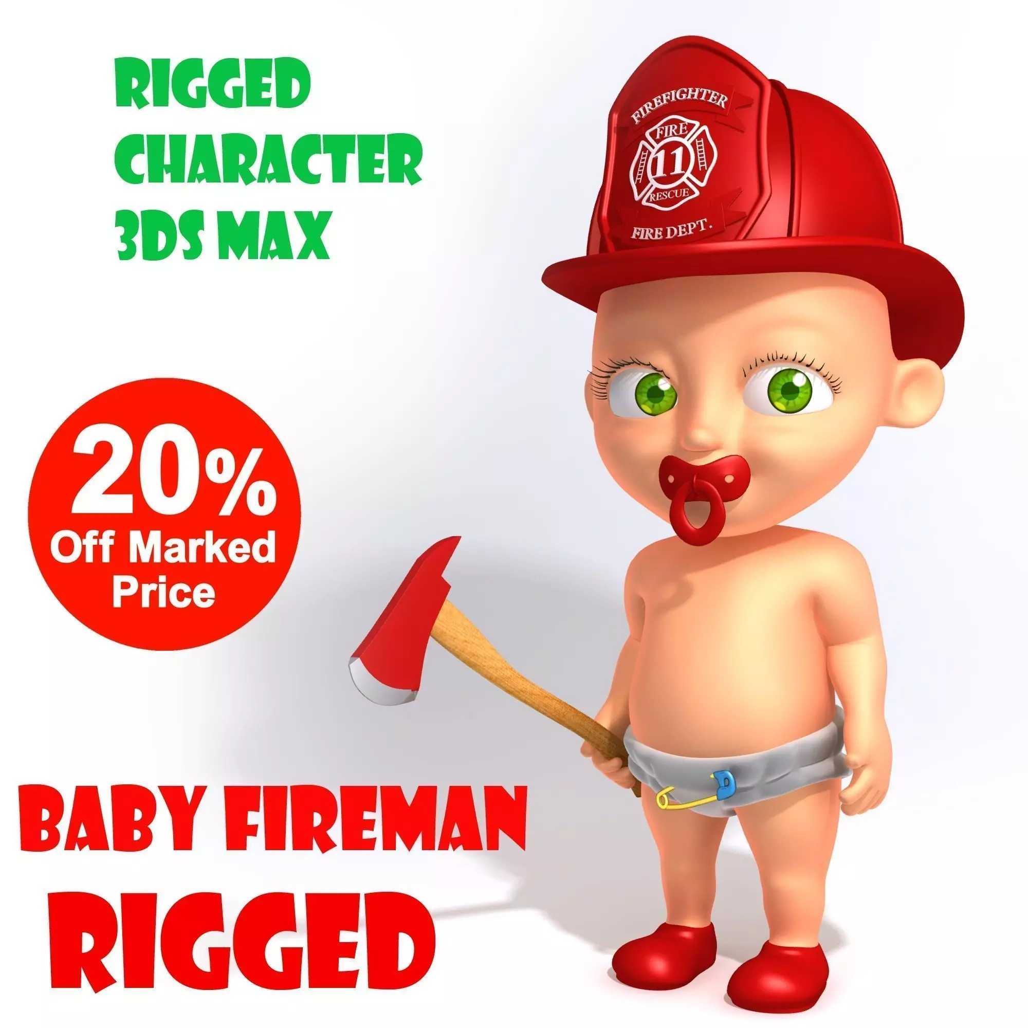 Baby Fireman Cartoon Rigged 3D model