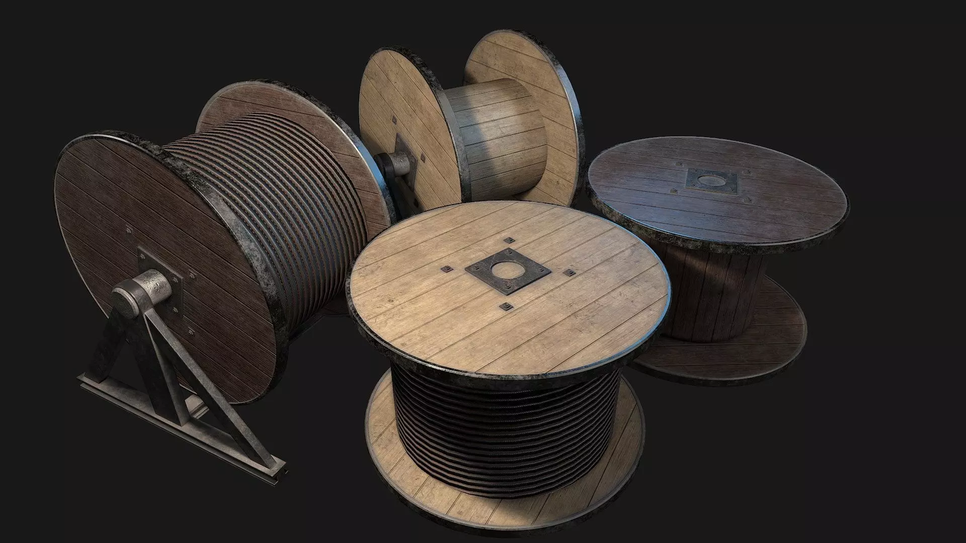 Low Poly PBR Wooden Cable Reel Low-poly 3D model_0