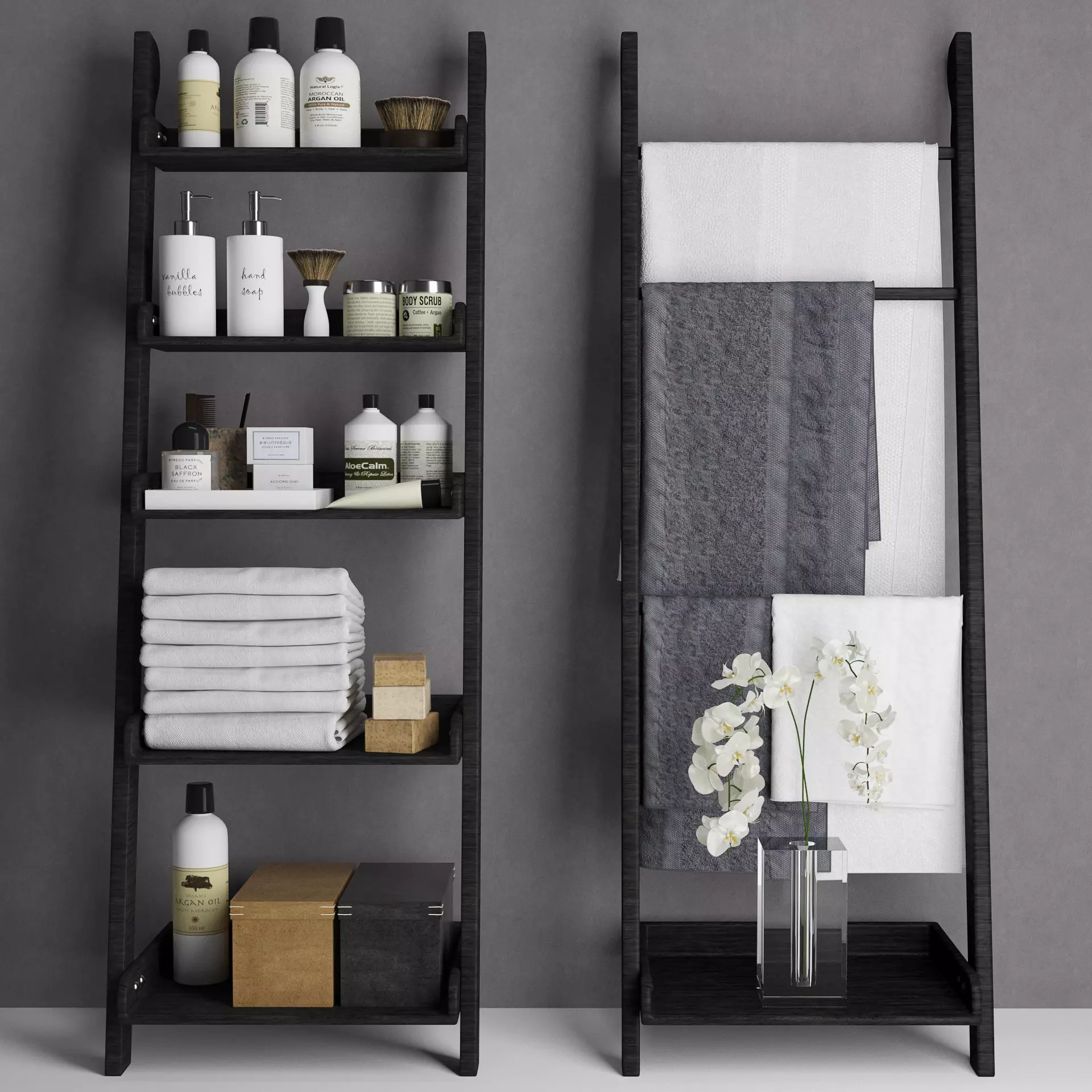 Bathroom set 5 shelf with towels and toiletries 3D model_0
