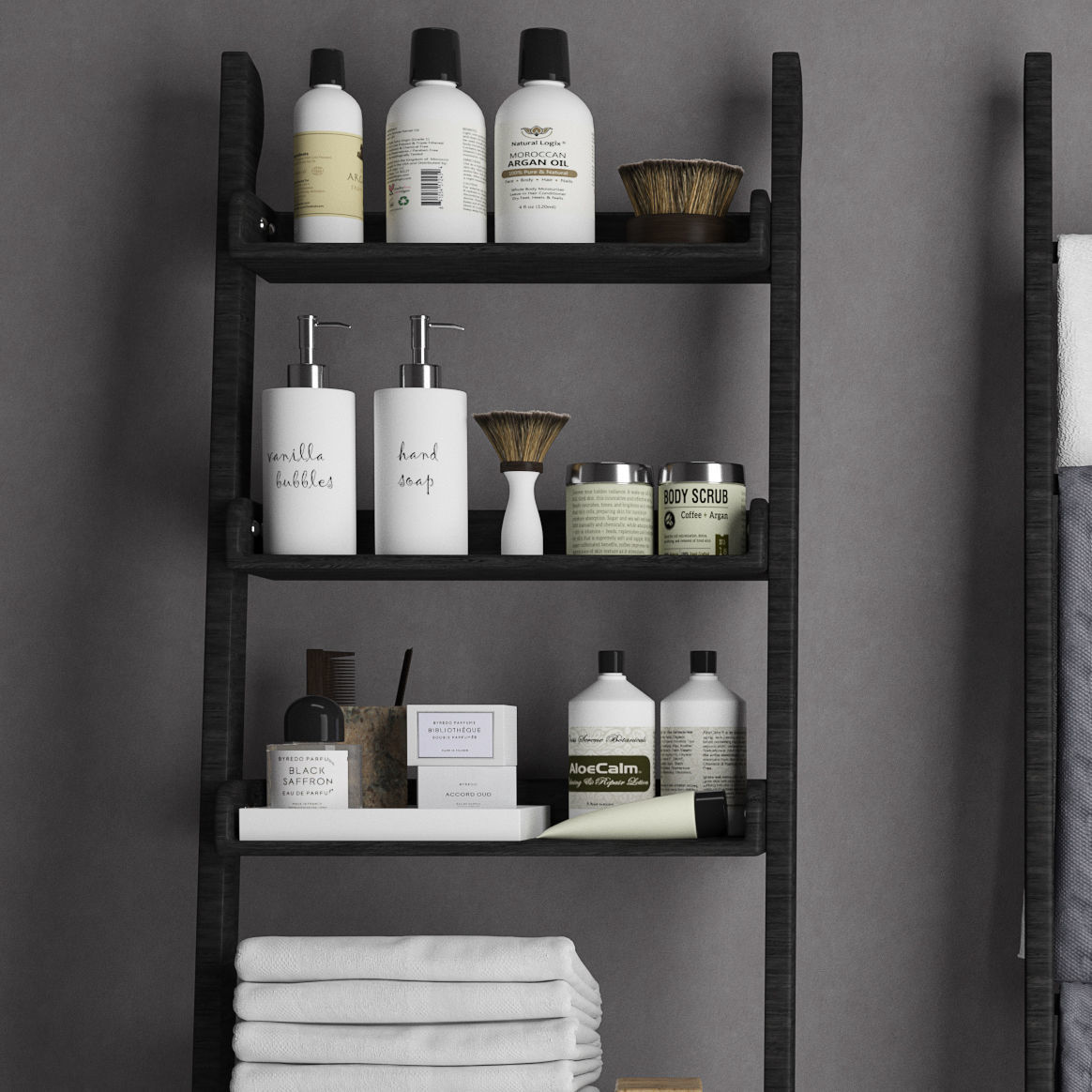 Bathroom set 5 shelf with towels and toiletries 3D model_2