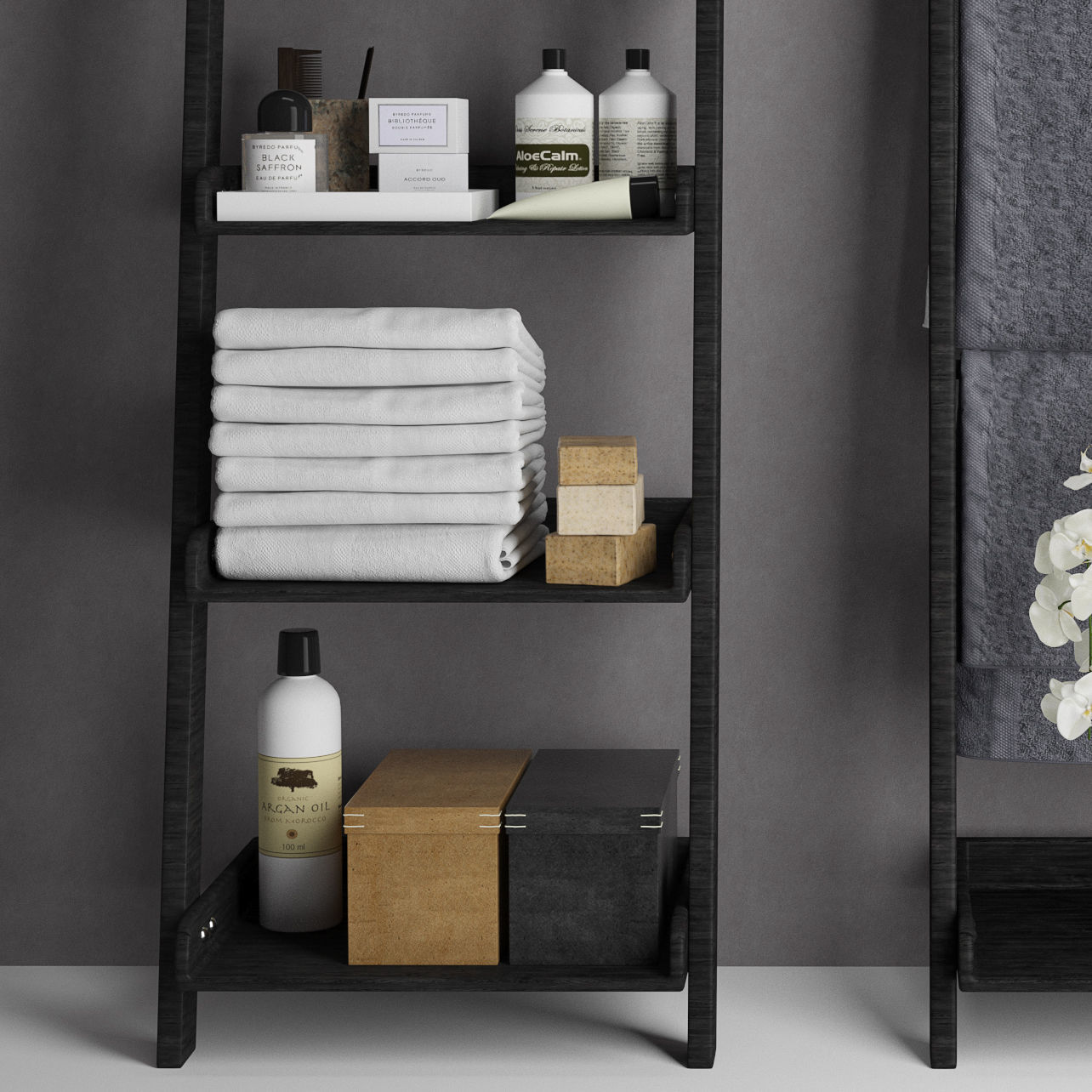 Bathroom set 5 shelf with towels and toiletries 3D model_3