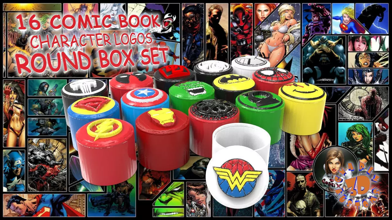 16 Comic Book Character Logos Round Box Set 3D print model