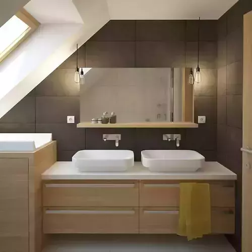 Apartment bathroom with two sinks and skylight