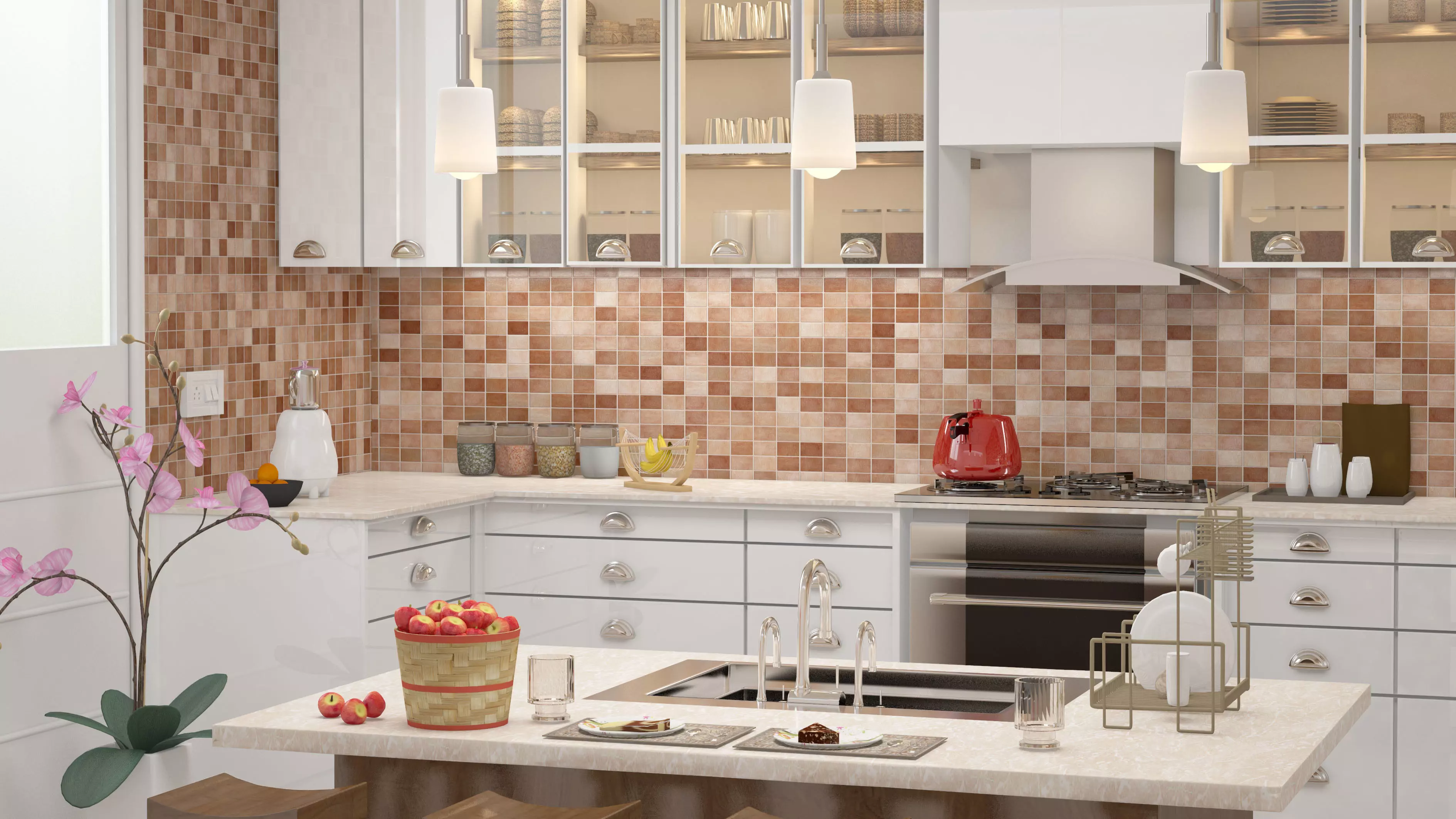 kitchen with cabinets and tiled walls 3D print model_0