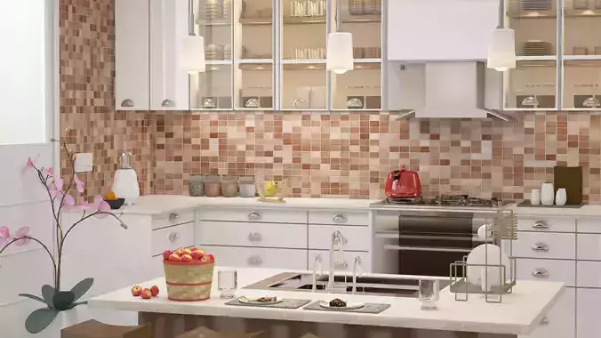 kitchen with cabinets and tiled walls