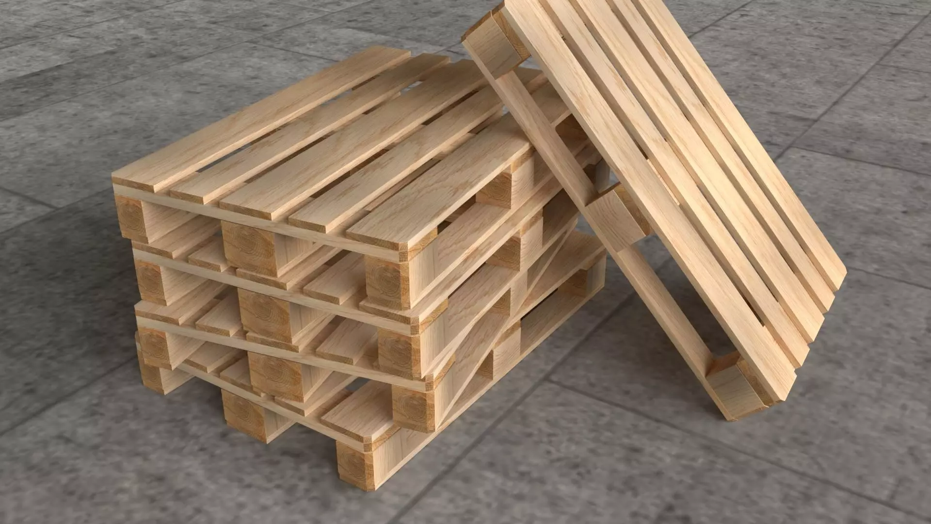 EuroPallet three wooden pallets stacked 3D model_0