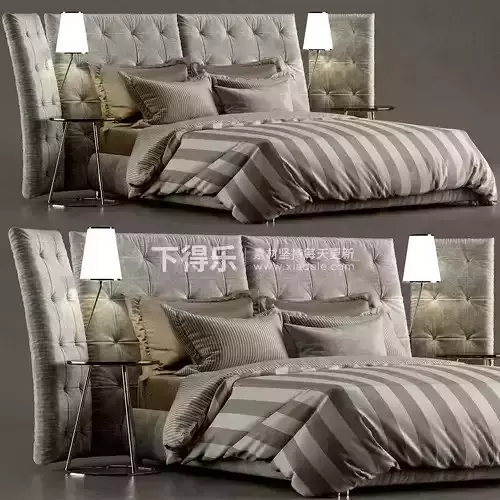 BED set with upholstered headboard and two lamps