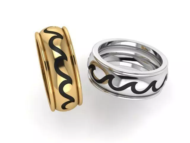 RING05 two gold and silver rings with wave design 3D print model_0
