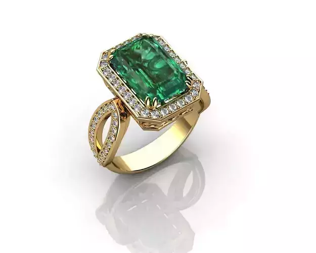 Emerald Diamond Engagement Ring Yellow Gold Halo Promise Ring Bi