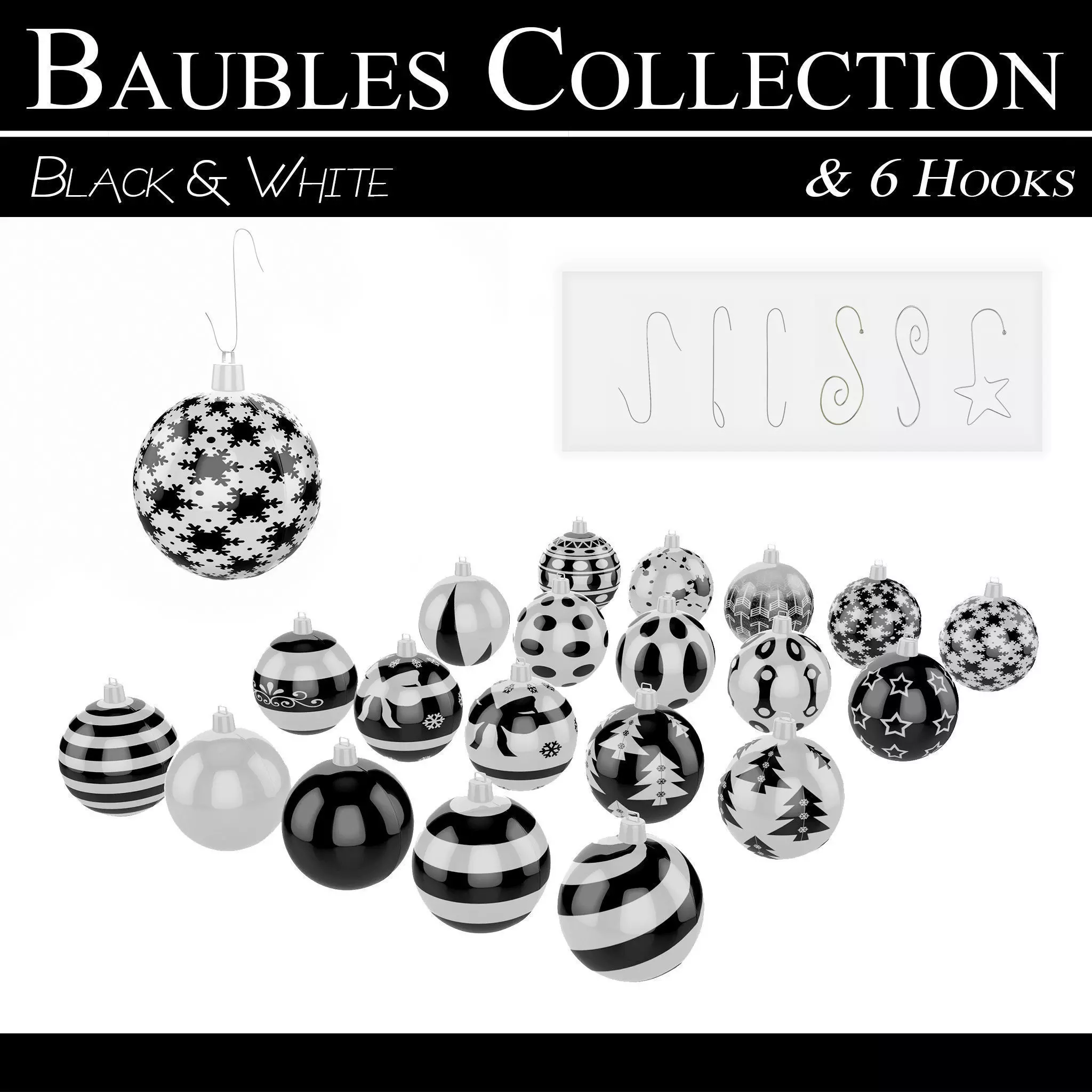 Black and White Baubles Collection with Hooks 3D model_0