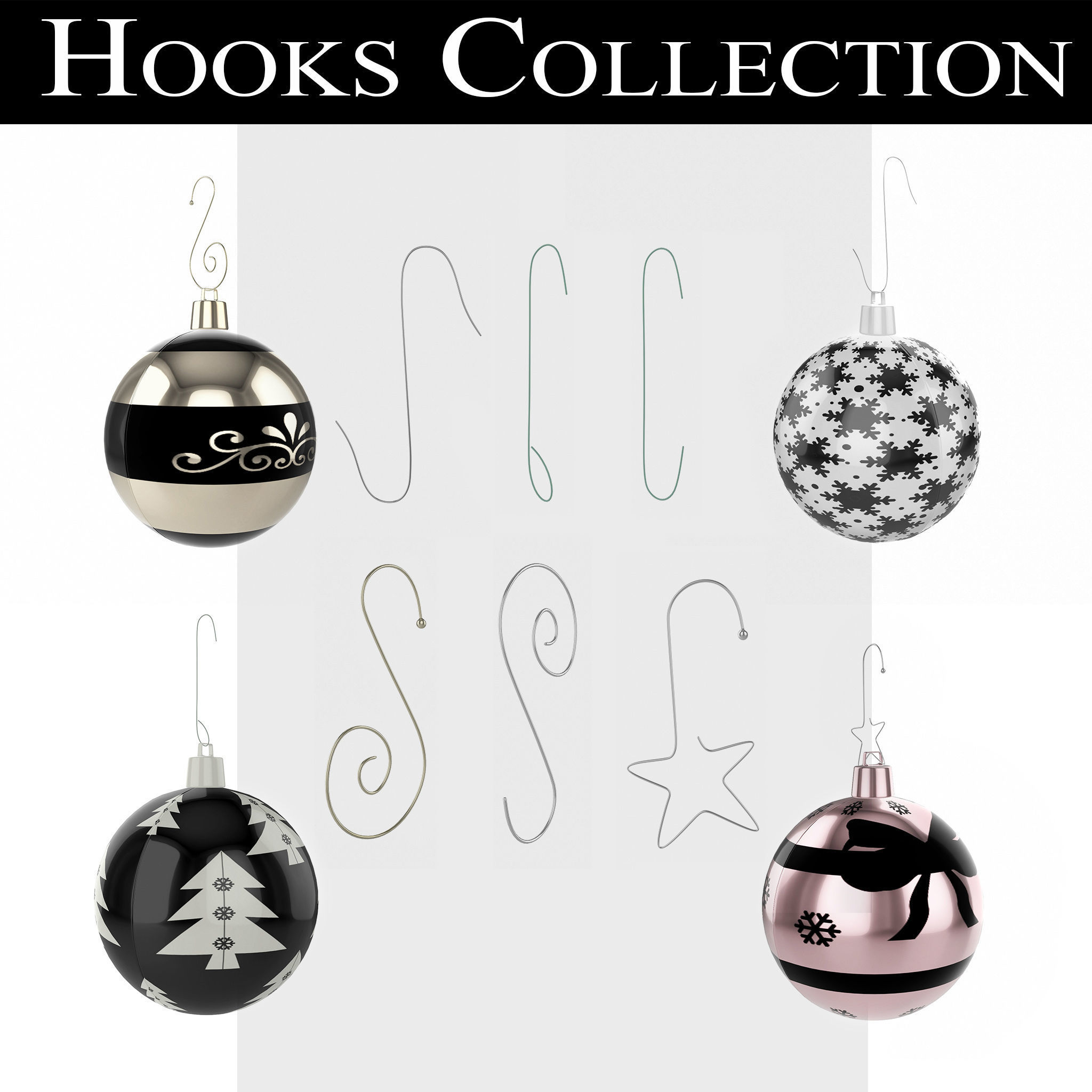 Black and White Baubles Collection with Hooks 3D model_1