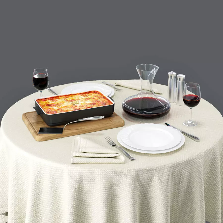 Lasagne Set table with silverware and napkins 3D model_0
