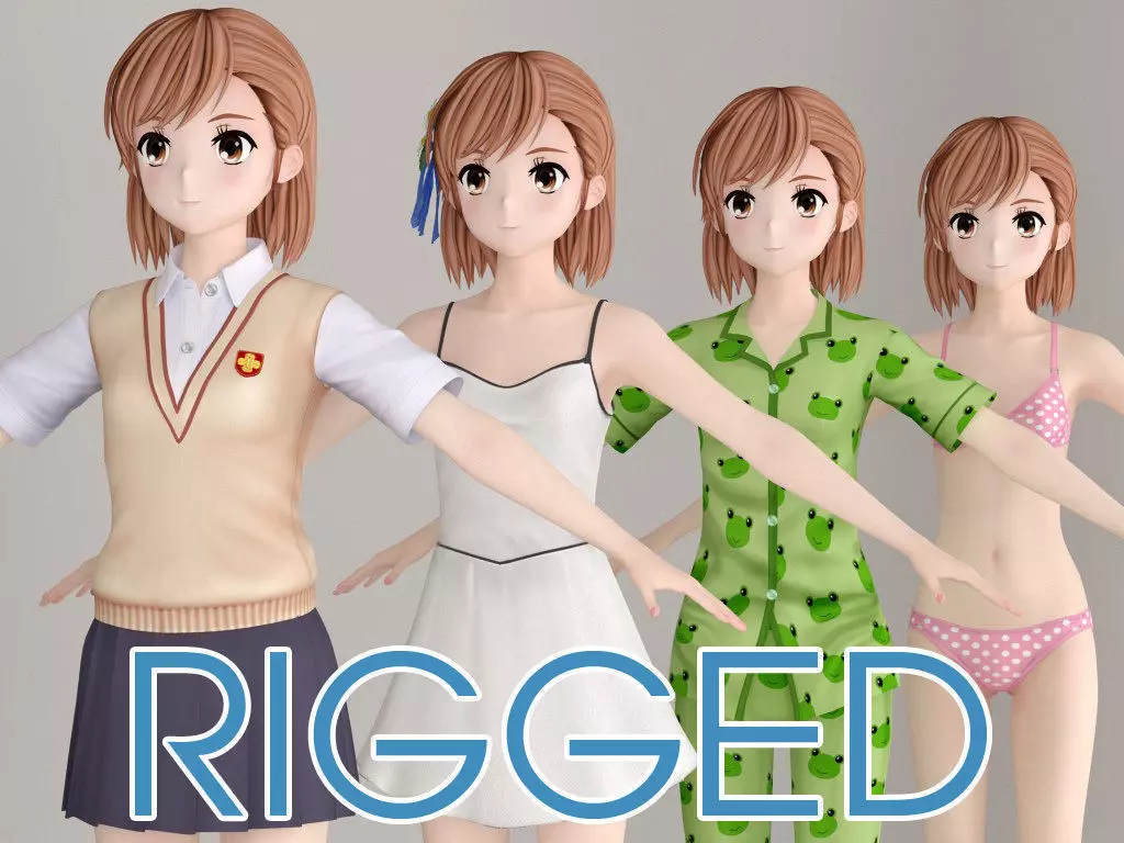 T pose rigged model of Misaka Mikoto anime girl 3D model