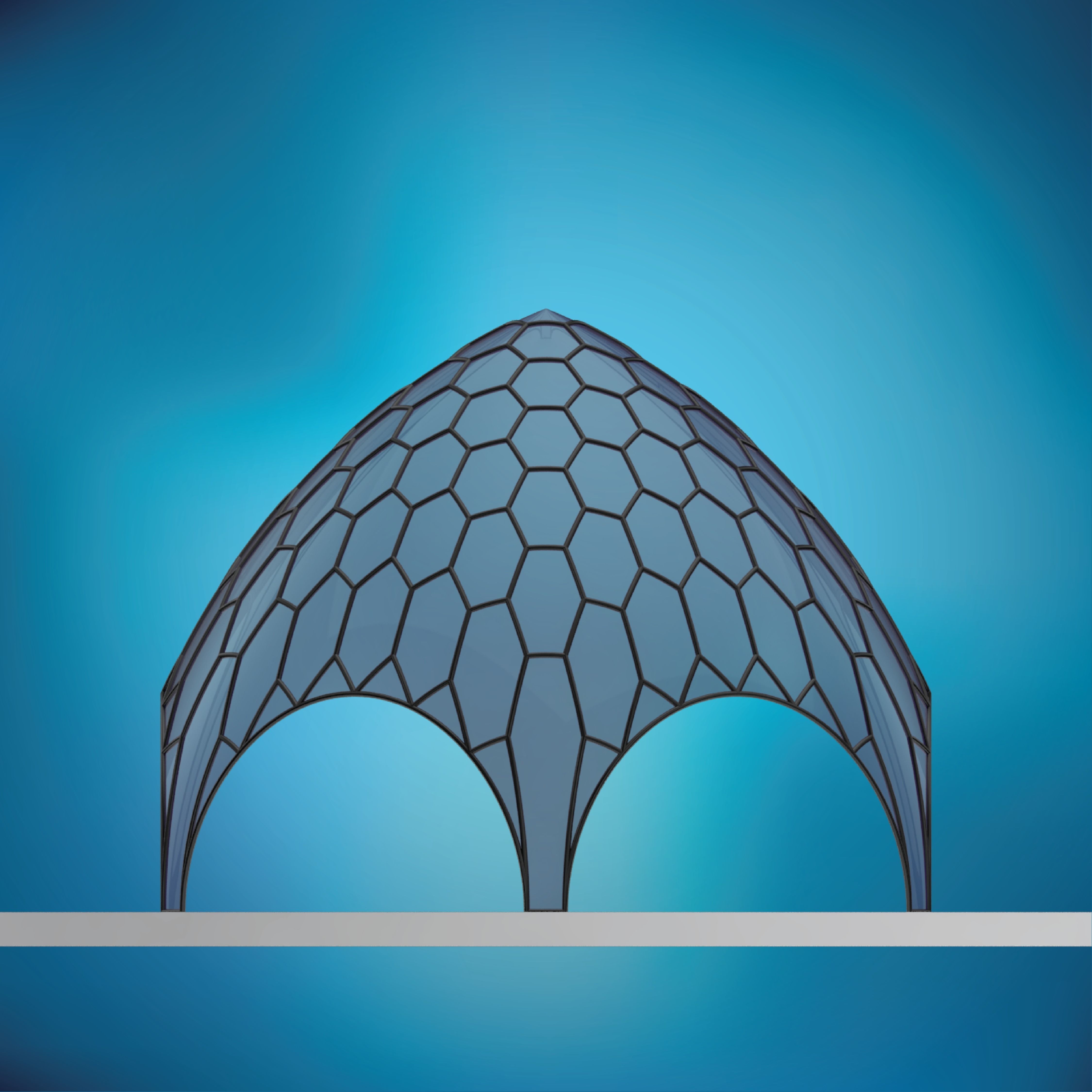 Pointed hexagonal dome wireframe with glass panels Low-poly 3D model_3