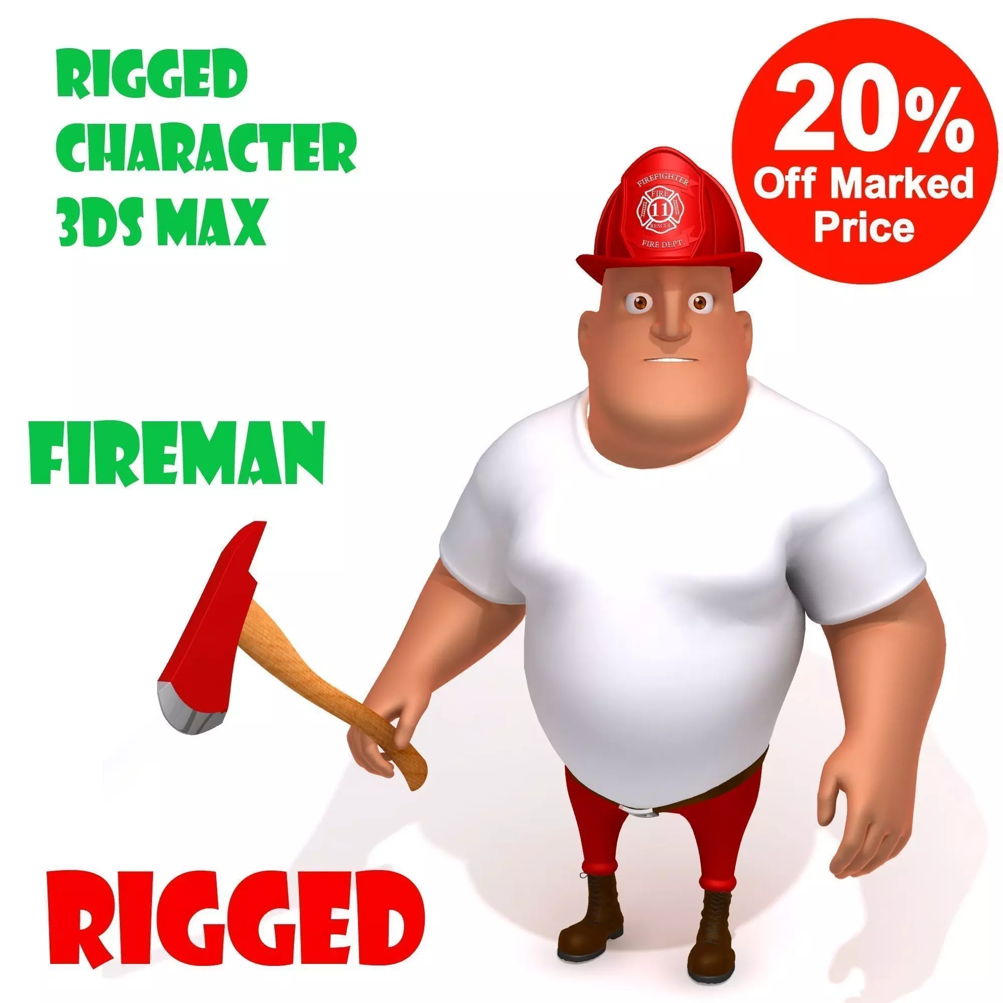 Fireman Cartoon Rigged 3D model_0