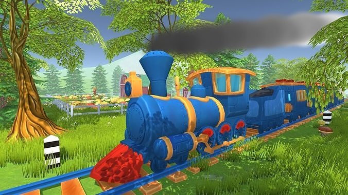 A cartoon train locomotive with wagons and rails Low-poly 3D model