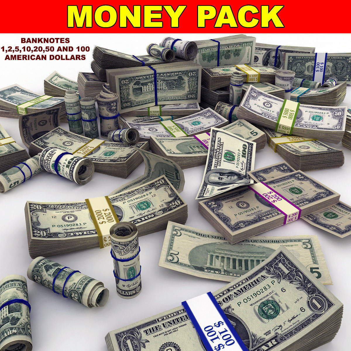 MoneyPack - American Dollars Low-poly 3D model_0